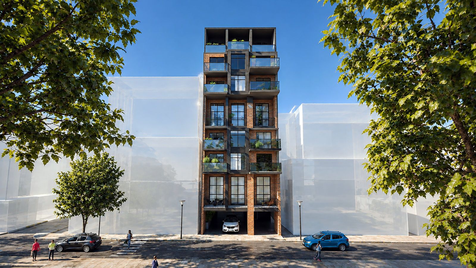 Factor, a building in brick and black steel with glass balconies, seen from Agiou Orous street